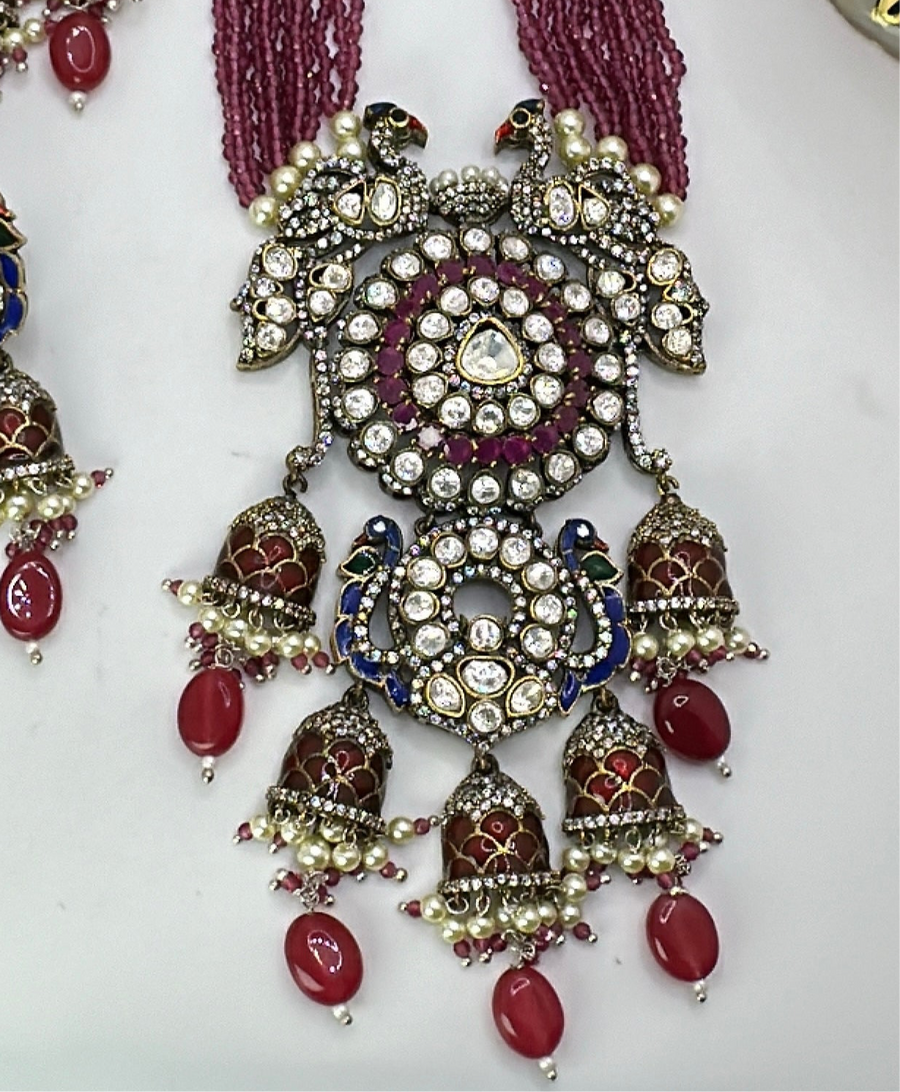 Ruby Red Moissanite Kundan Long Necklace Set