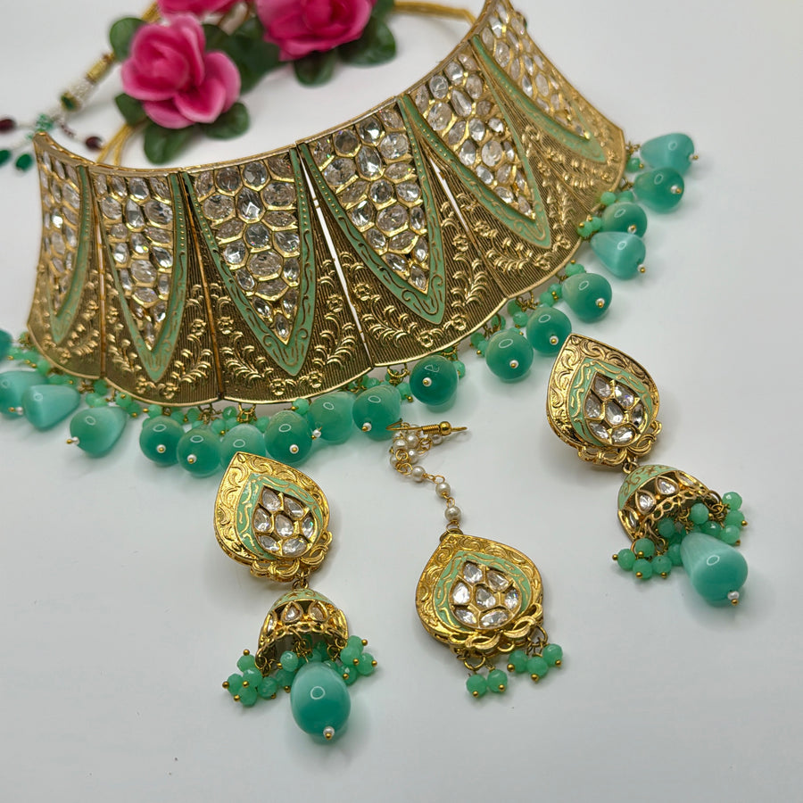 Mint Kundan Bridal Choker Set With Mang Tika