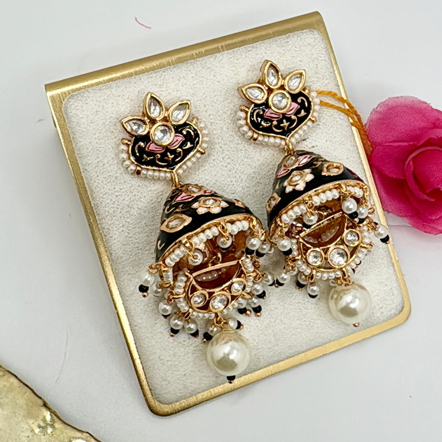 Black Meenakari & Pearl Kundan Jhumka