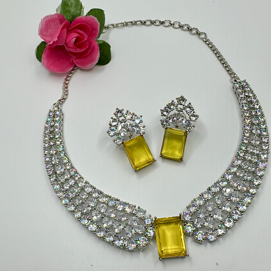 Yellow Doublet American Diamonds Necklace Set