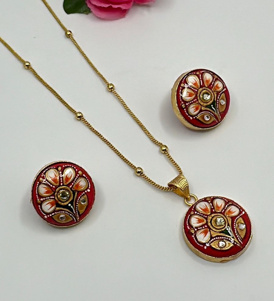 Red Tanjore Pendant Set