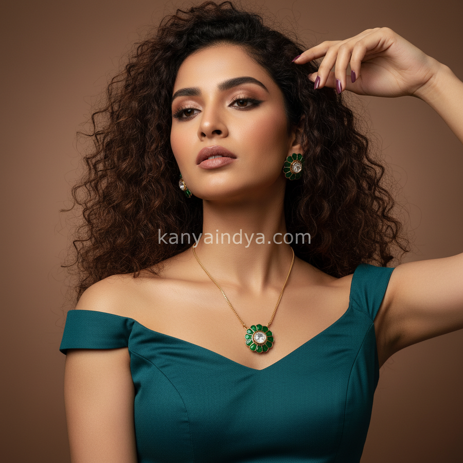 Green Jadau Moissanite Pendant NecklaceSet