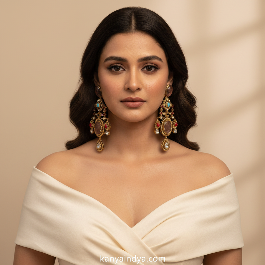 Tiger Eye Multi Marble Doublet Sabya Inspired Statement Earrings