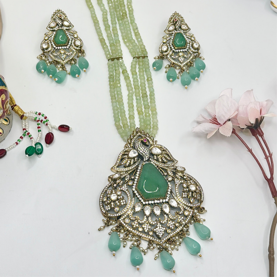 Green Tyaani Inspired Kundan Long Necklace Set