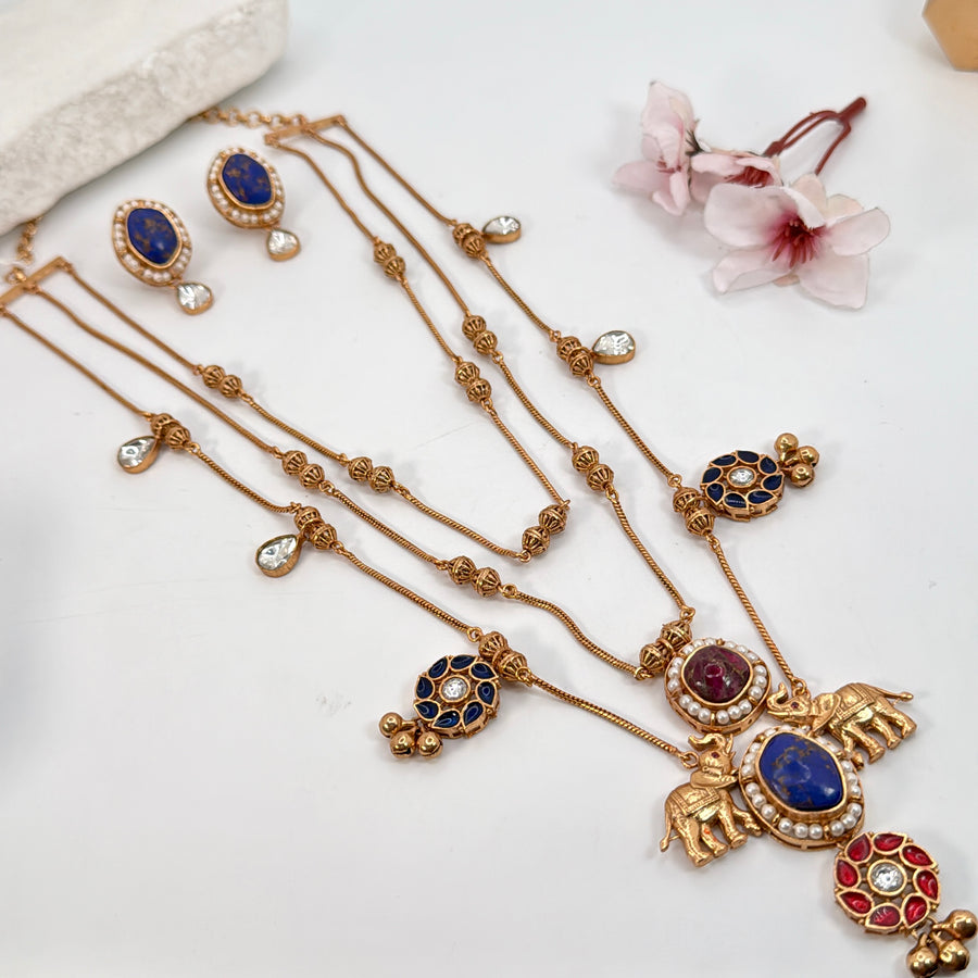 Blue Multi Apala Inspired Antique Gold Three Layer Long Necklace Set