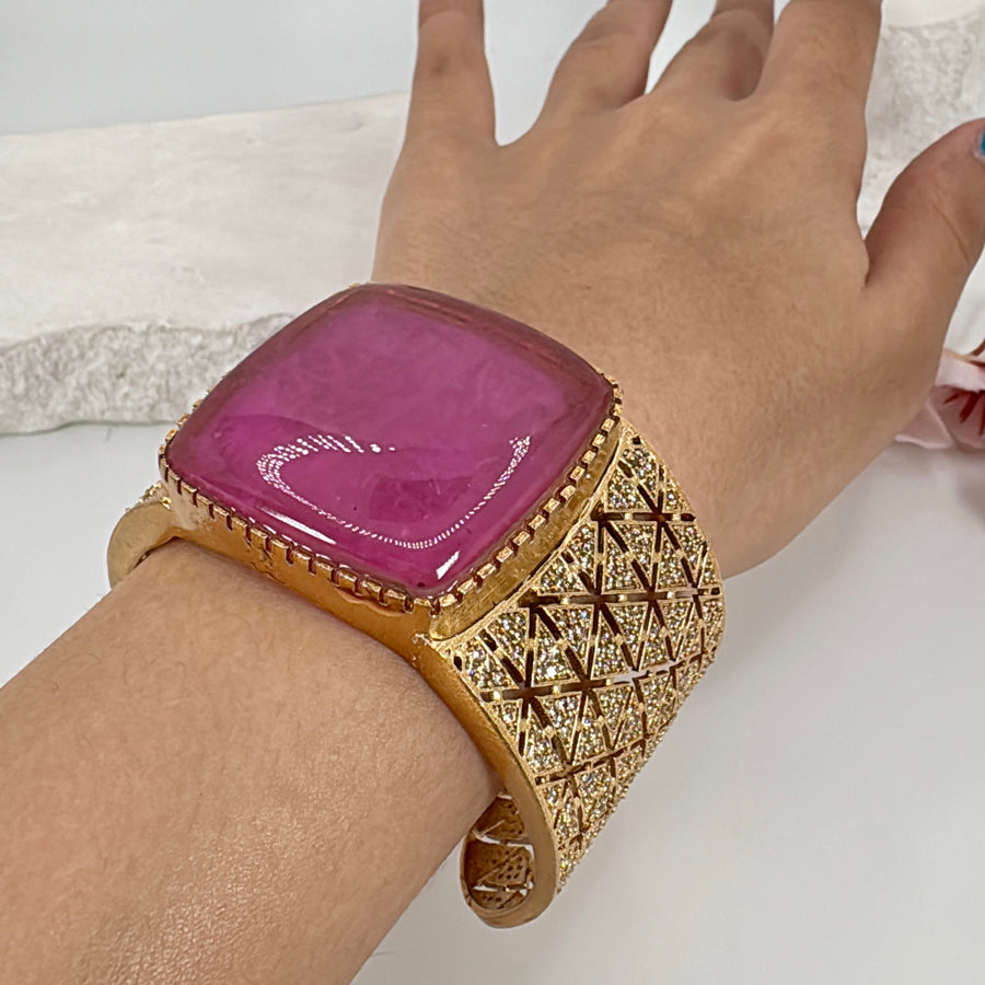Purplish Pink  Doublet & Cubic Zirconia Gold Cuff Bangle