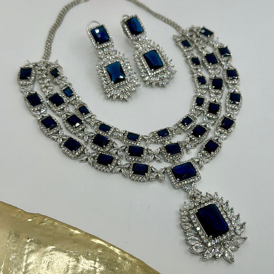 Blue American Diamonds Three Layers Necklace Set