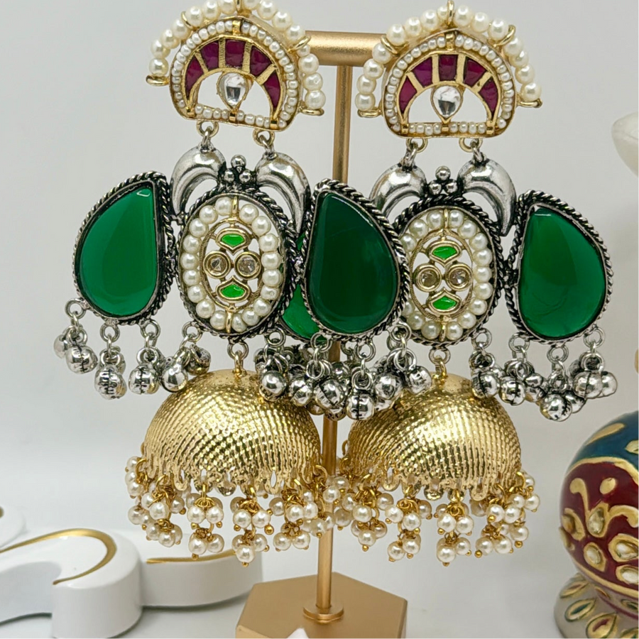 Green & Ruby Silver Lookalike Gold Jhumka