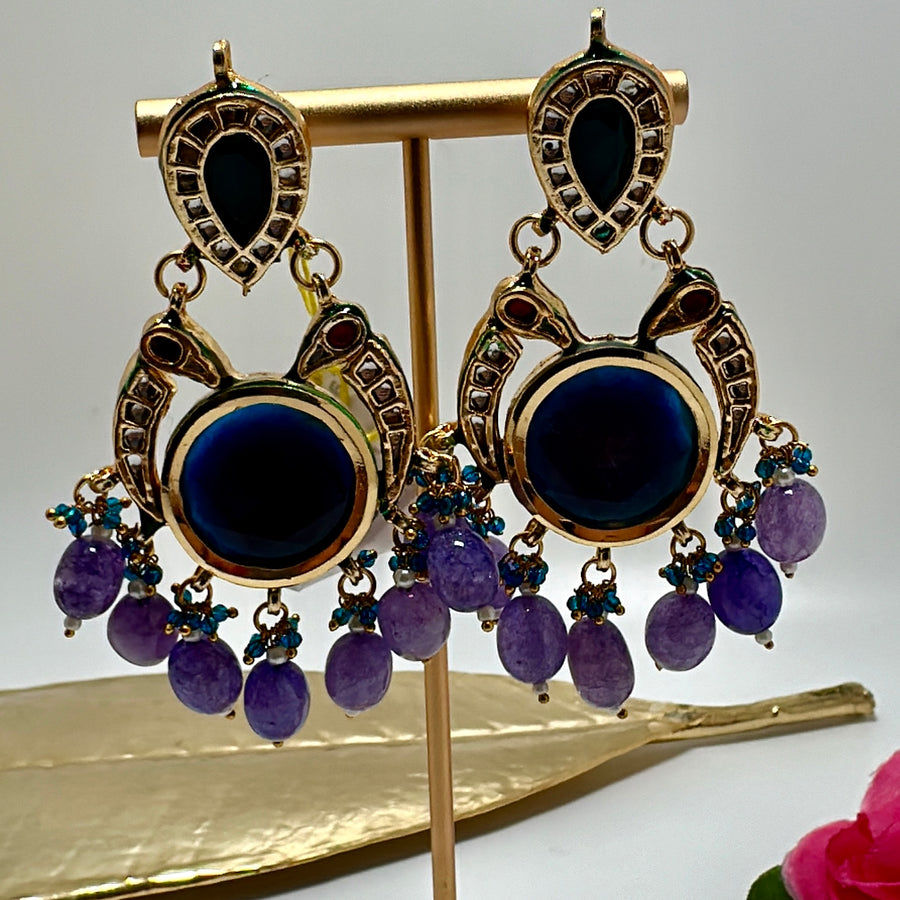 Blue & Purple Kundan Chandbali Earrings