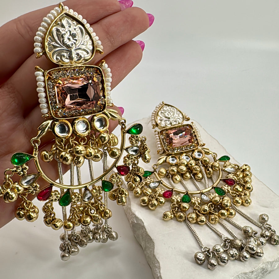 Peach Swarovski Crystals Silver Look Alike Dual Tone Ghungroo Chand Bali Statement Earrings