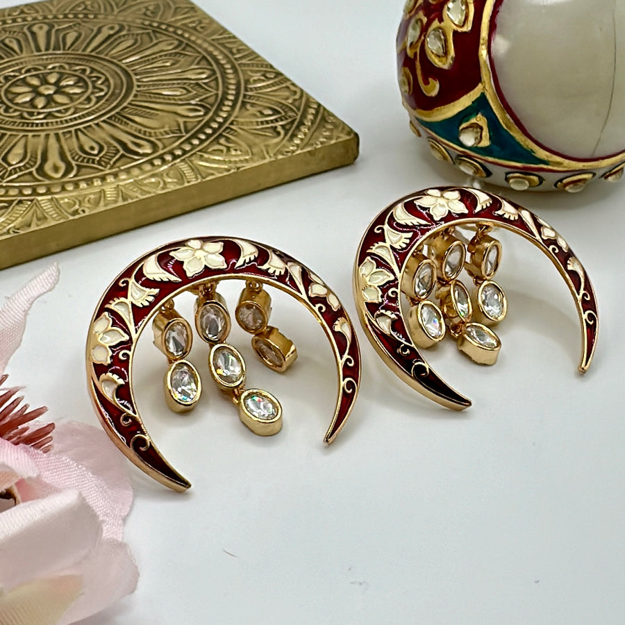 Ruby Meenakari Moissanite Kundan Crescent Earrings