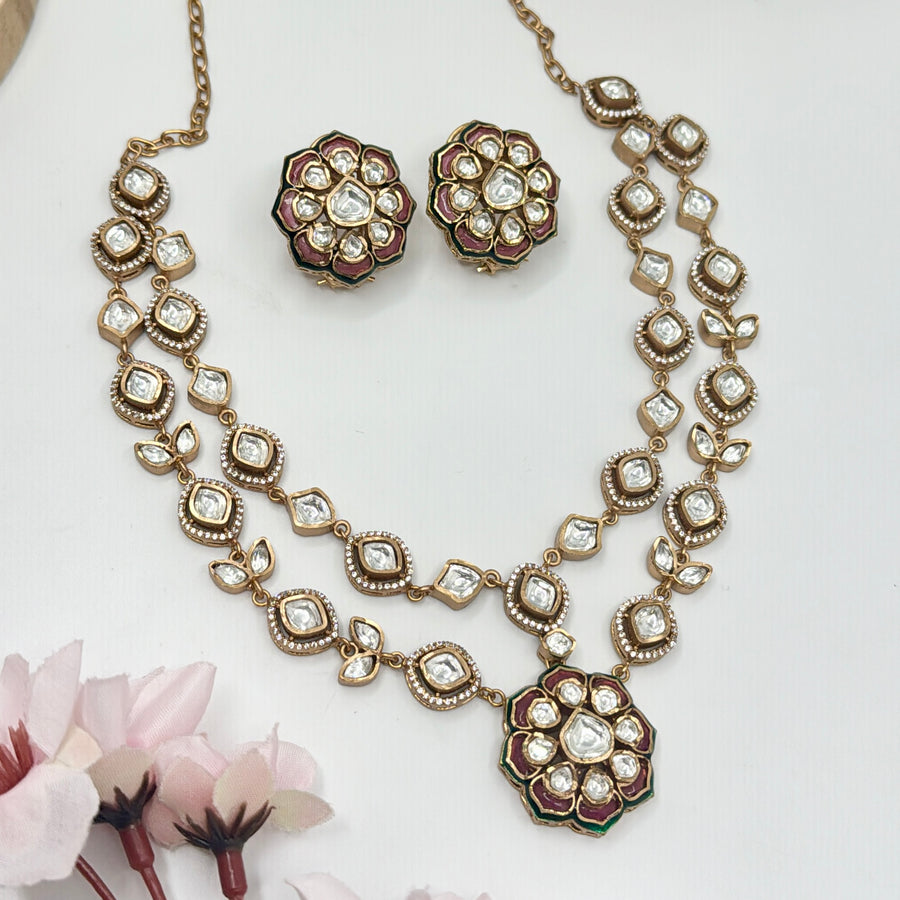 Green & Pink Meenakari Two Layer Moissanite Kundan Necklace Set