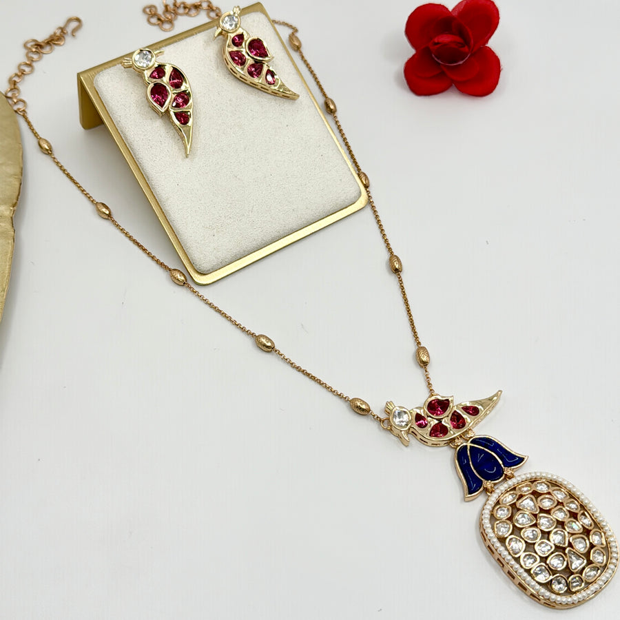 Ruby And Blue Long Kundan Pendant Set