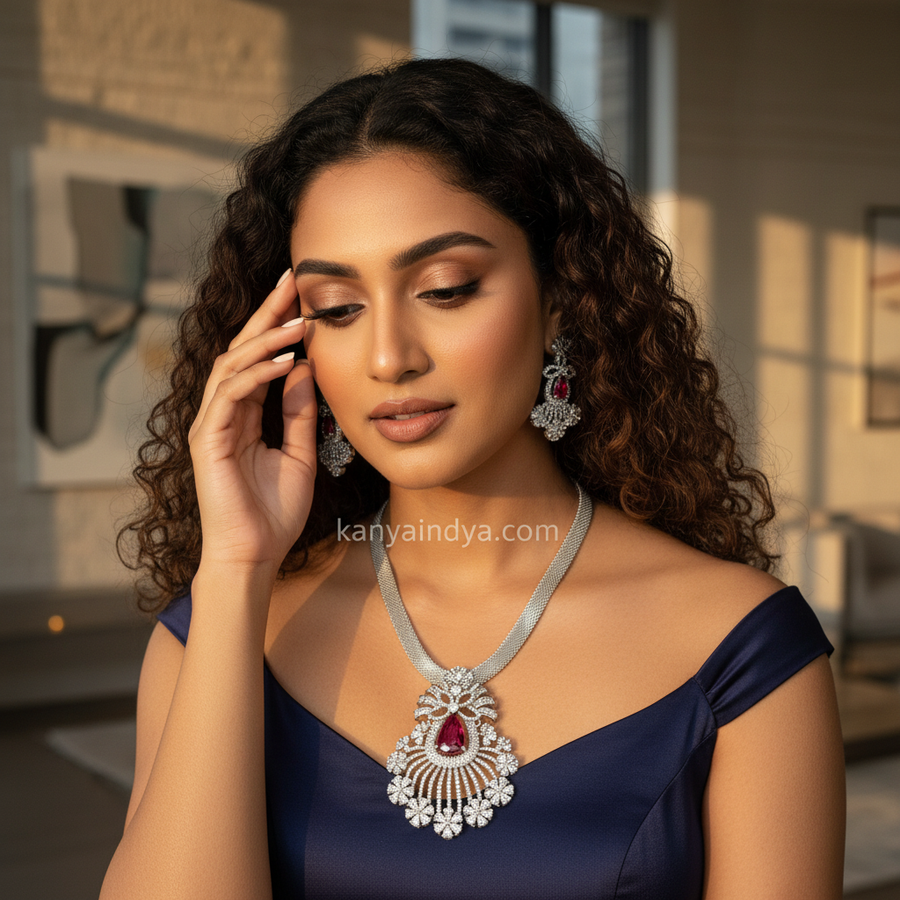 Ruby American Diamonds Cubic Zirconia Pendant Necklace Set