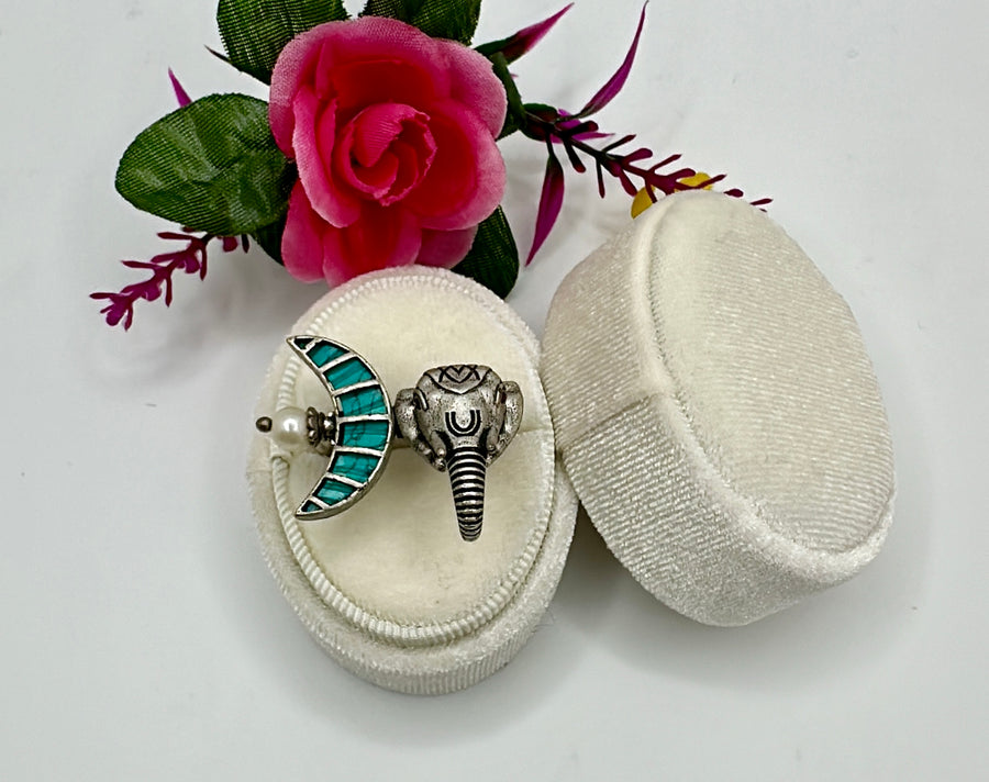 Turquoise Silver Lookalike Elephant Face Adjustable Finger Ring