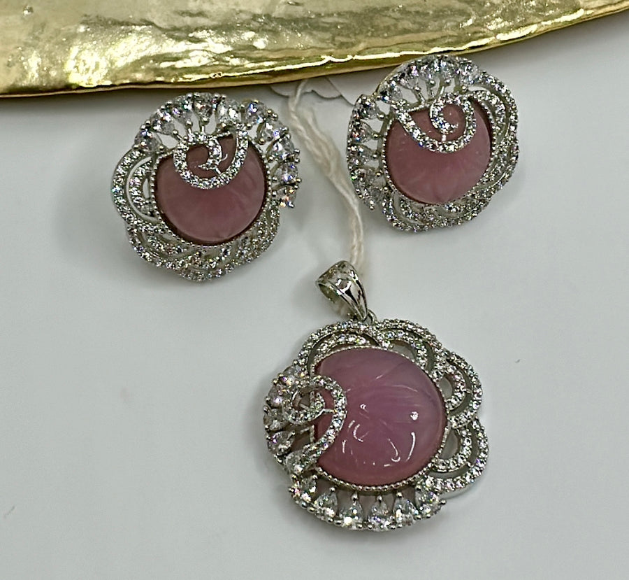 Pink American Diamonds Inlay Stone Pendant Set