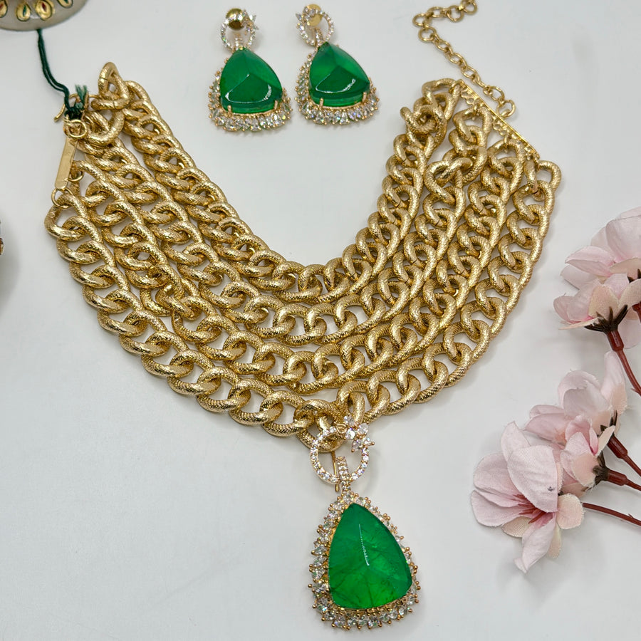 Green Doublet & American Diamonds Gold Four Chain Necklace Set