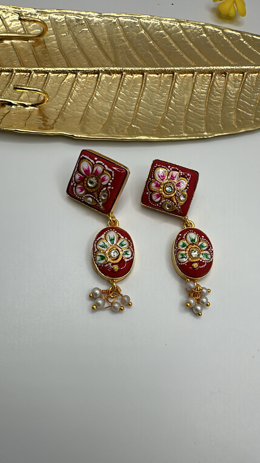 Red Tanjore Earrings With Flowers Design