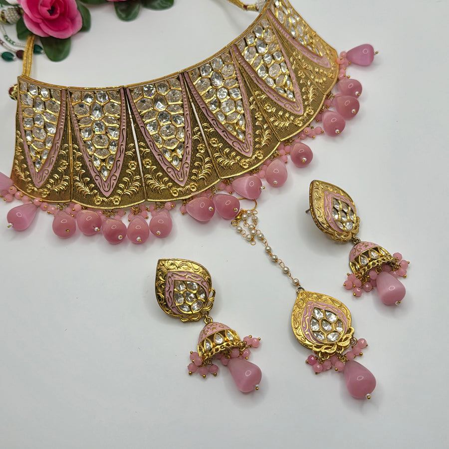 Pink Kundan Bridal Choker Set With Mang Tika