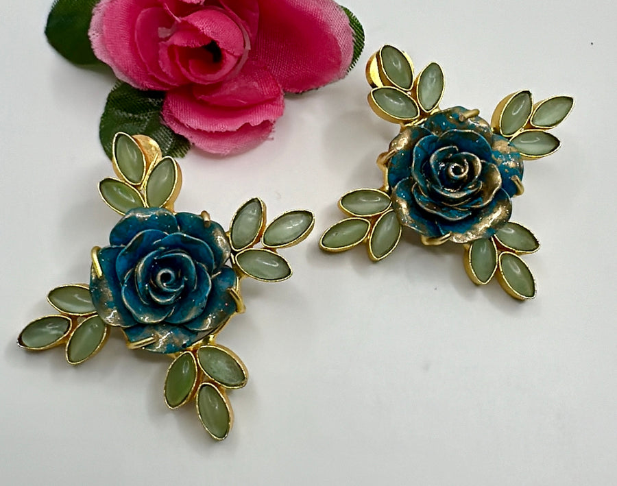 Blue And Mint Rose Contemporary Studs