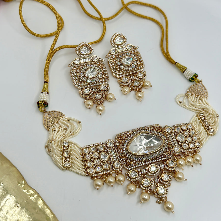 Clear Pearl Kundan Choker Necklace Set