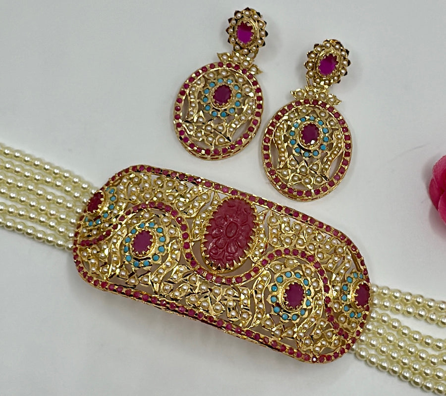 Ruby And Turquoise Punjabi Jadau Choker Set