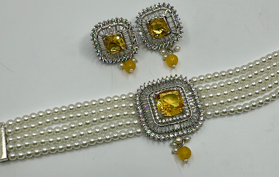 Yellow American Diamonds Pearls Choker Set