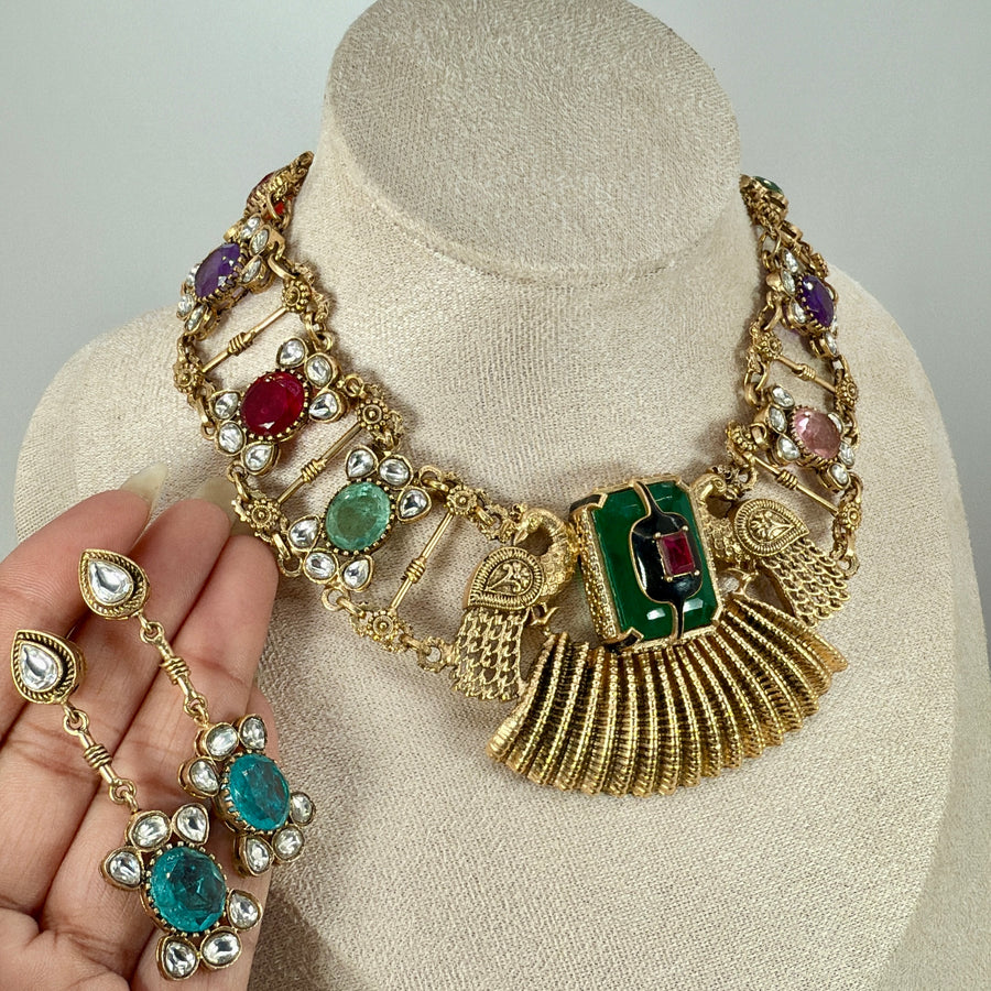 Multi Silver Lookalike Apala Inspired Gold Necklace Set