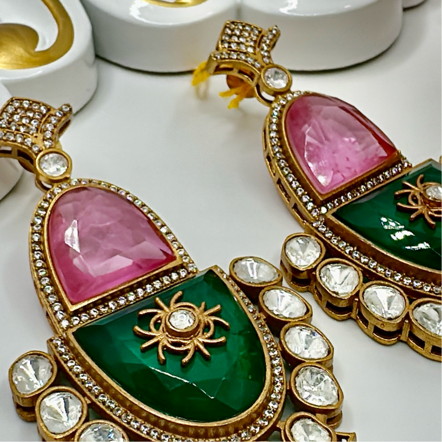 Pink & Green Doublet & Moissanite Statement Earrings