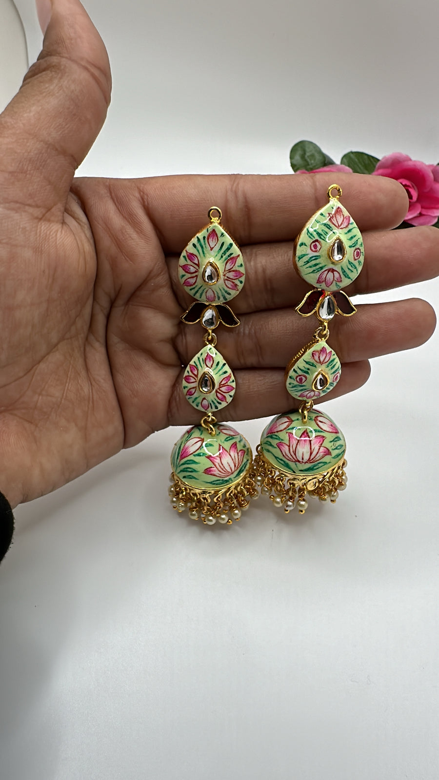 Green Tanjore Long Earrings