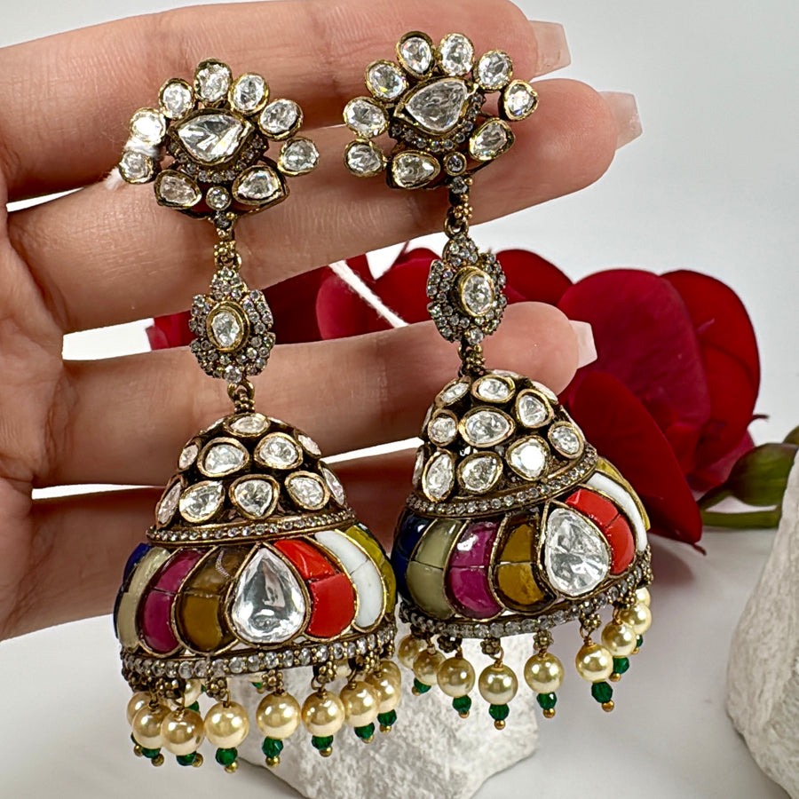 Multi Jadau Moissanite Jhumka Earrings