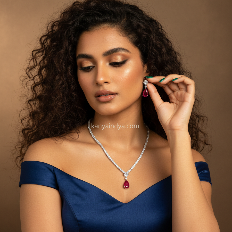 Ruby Cubic Zirconia Italian Dainty Necklace Set