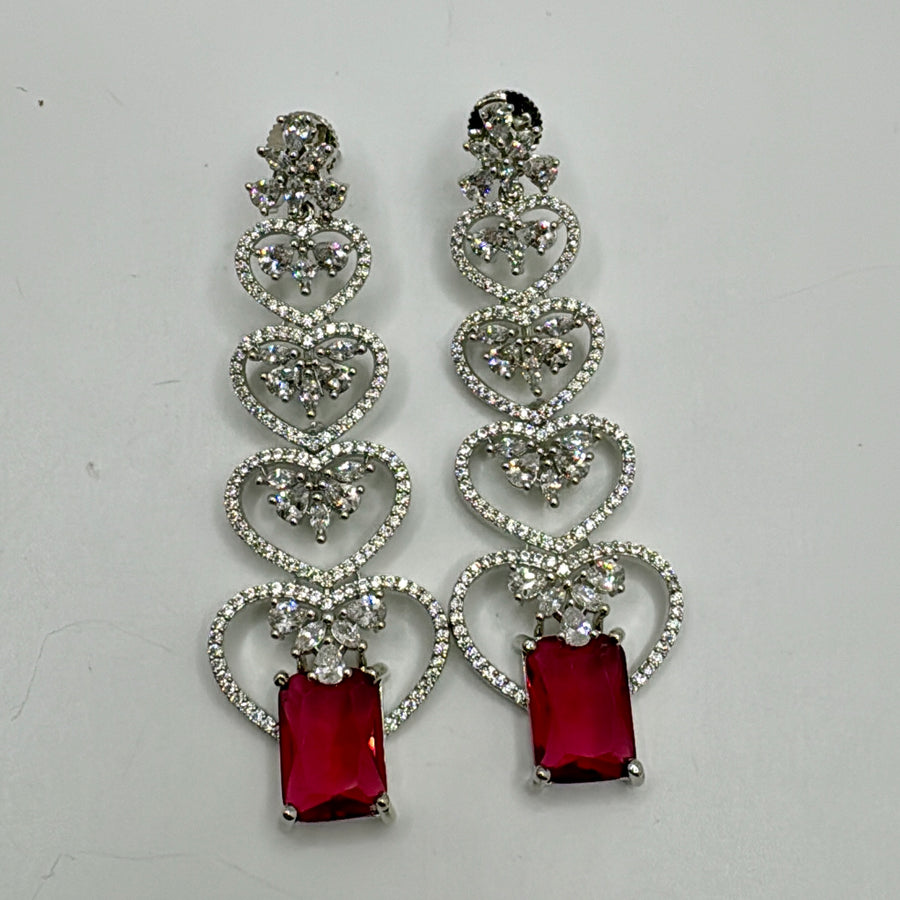 Ruby Heart Shape American Diamond Long Earrings