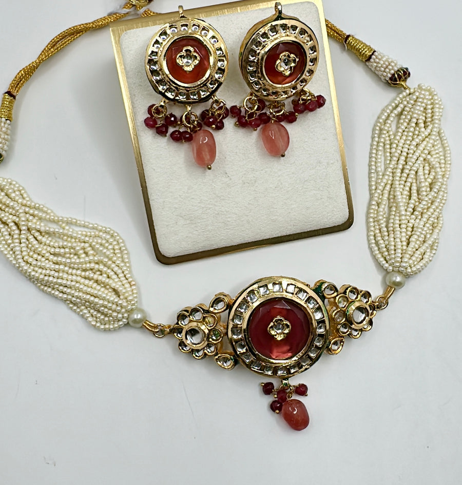 Ruby And peach Kundan Choker Set