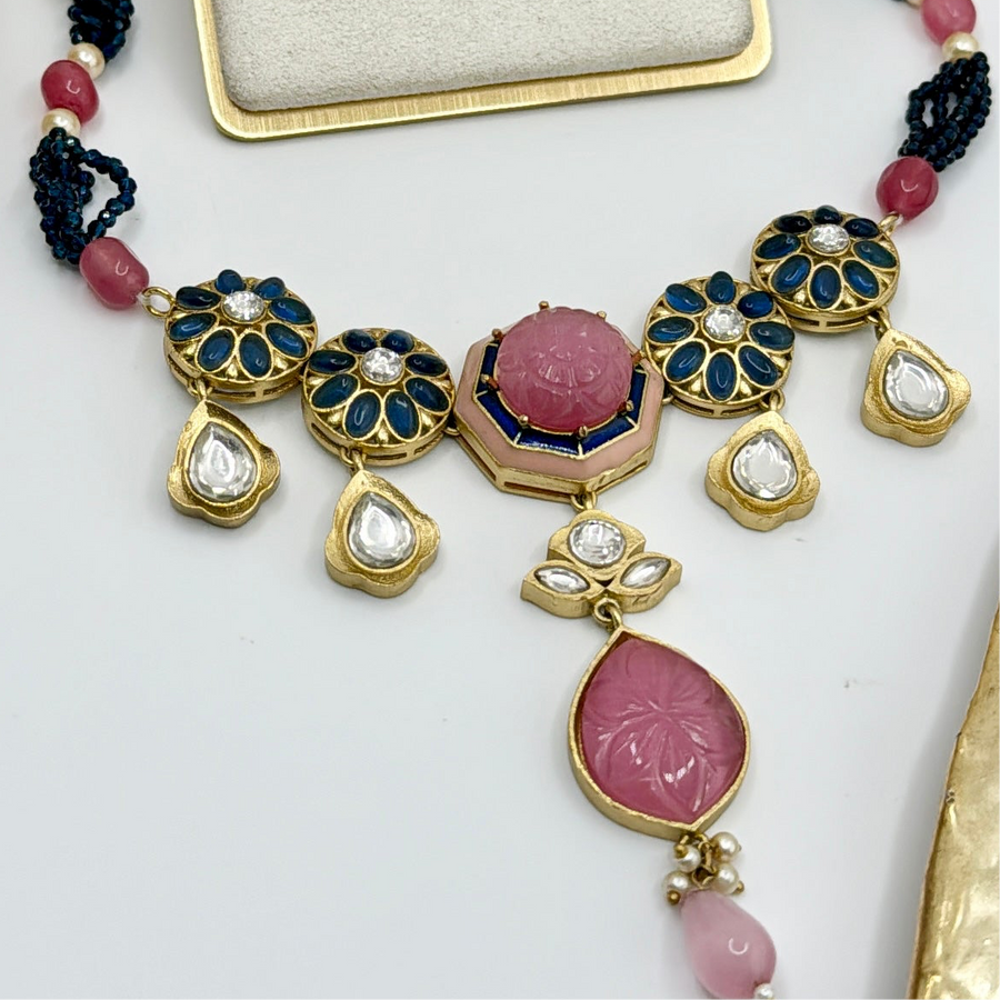 Pink & Blue Amrapali Kundan Choker Set