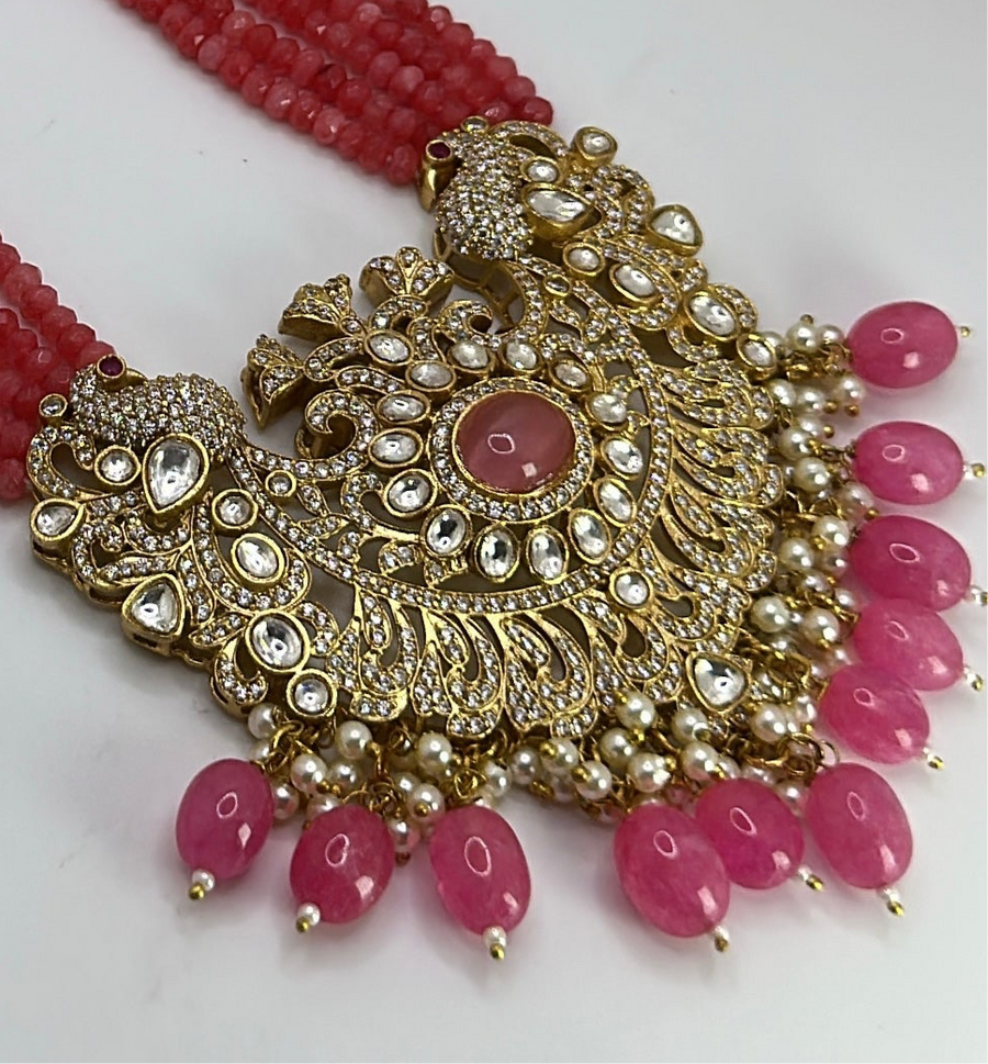 Ruby Moissanite Kundan Victorian Long Necklace Set