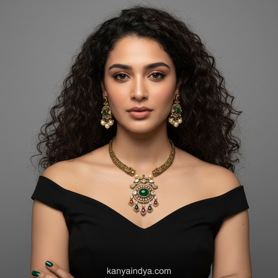 Green Multi Moissanite Hasli Necklace Set