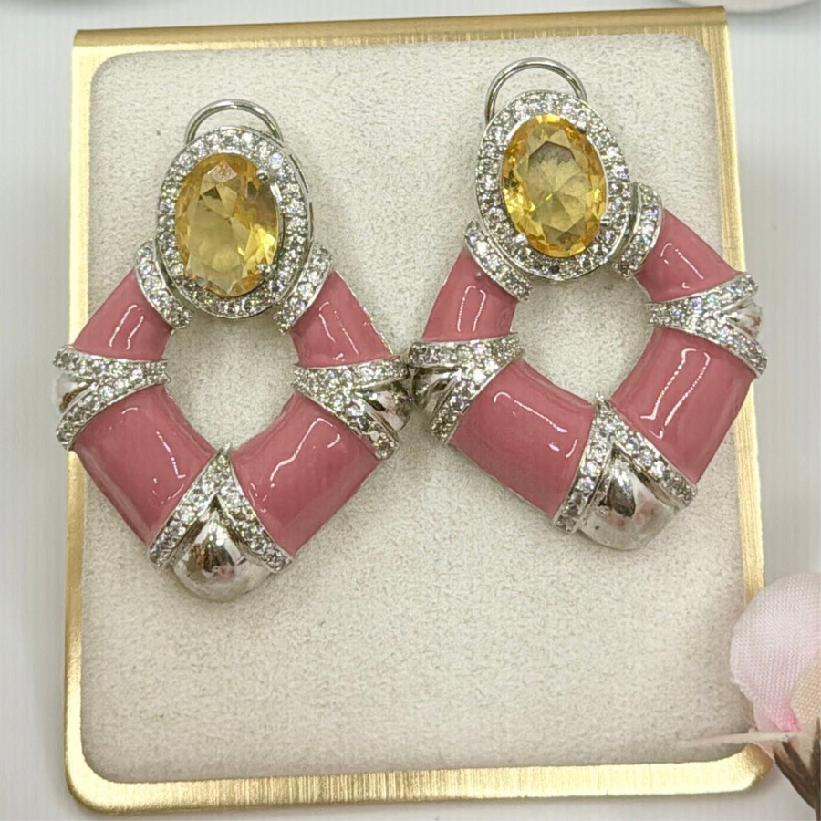 Yellow Swarovski & Pink Enamel Meenakari Earrings