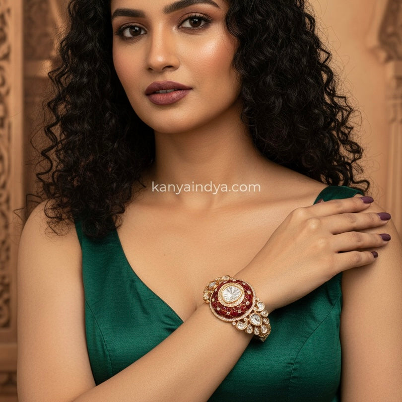 Ruby Jadau Moissanite Adjustable Bangle(Fits Size 2.2-2.6)