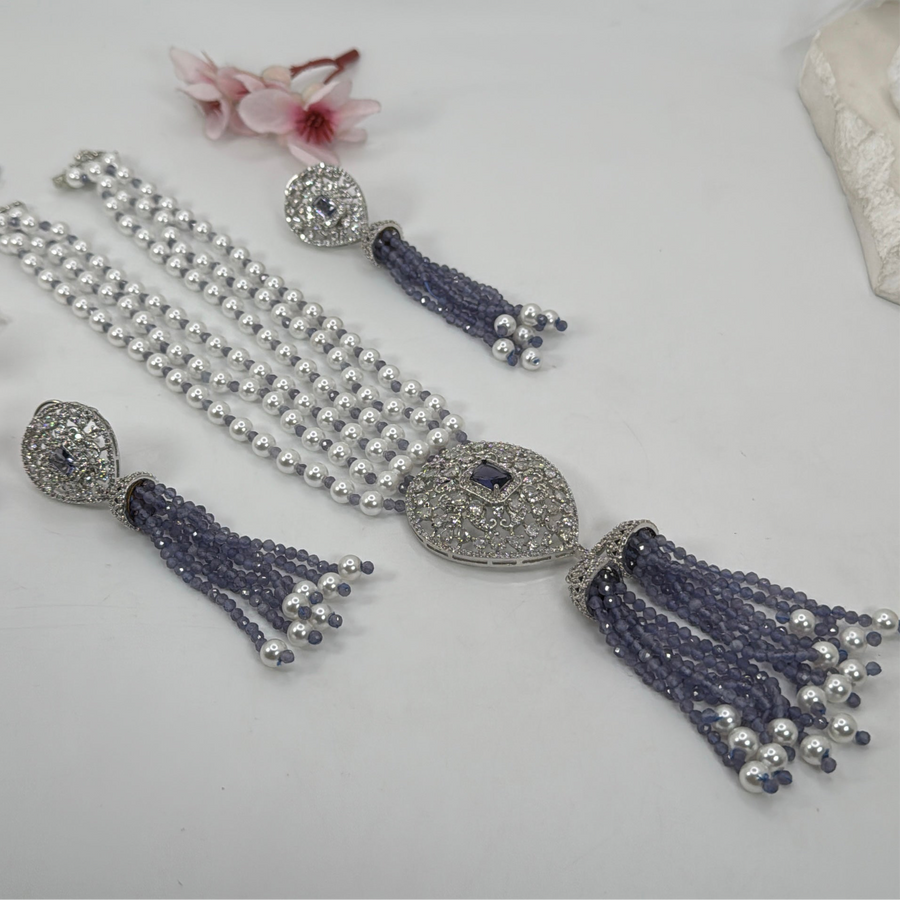 Lavender Purple Pearls American Diamonds Cubic Zirconia Long Necklace Set