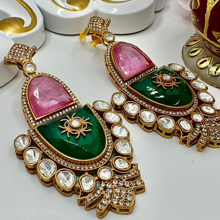 Pink & Green Doublet & Moissanite Statement Earrings