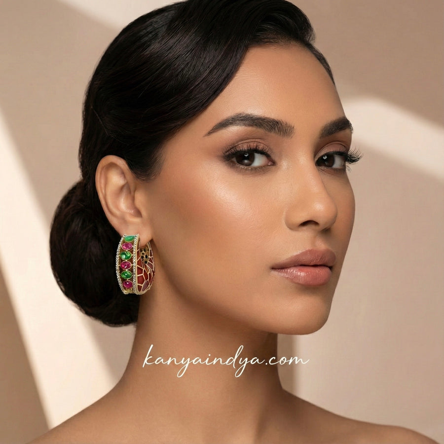 Red Green Jadau Hoop Earrings