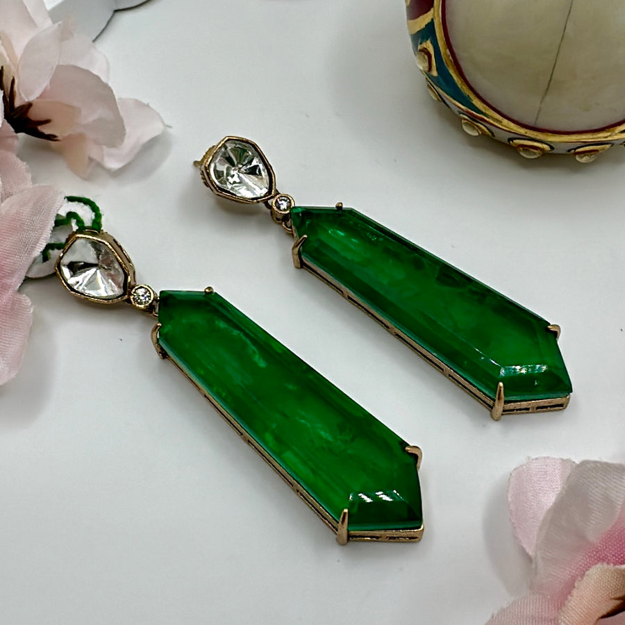 Green Long Doublet Moissanite Kundan Earring