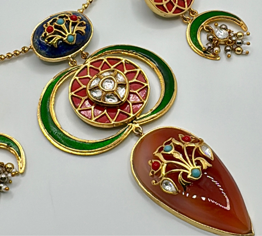 Orange Glass Stone With Inlay Work Premium Hasli Set