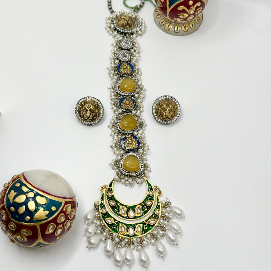 Yellow & Green Kundan Sabya Inspired Silver Lookalike Fusion Tie Necklace Set