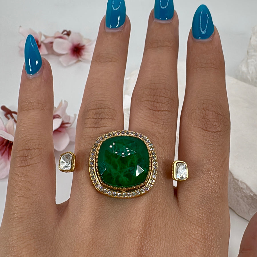 Green Doublet Moissanite Two Finger Adjustable Finger Ring