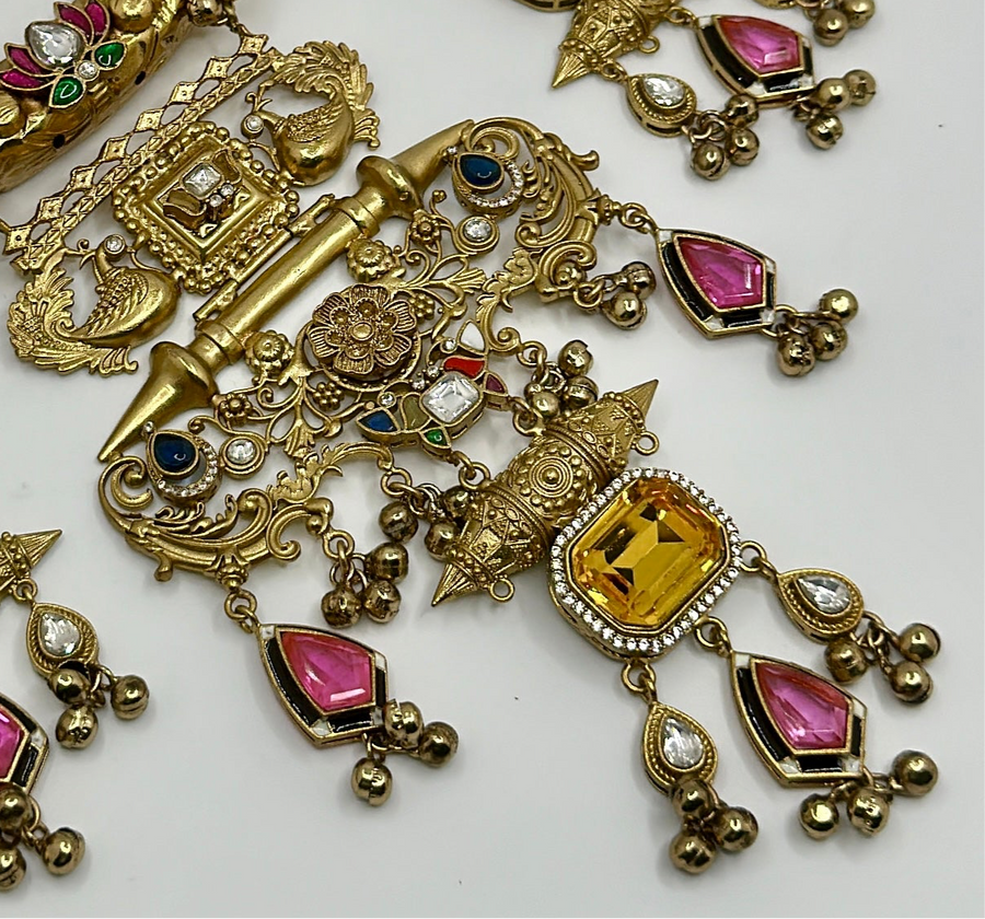 Yellow & Pink 92.5 Gold Polish Silver Lookalike Ghungroo Statement Hasli Set with Swarovski Stones