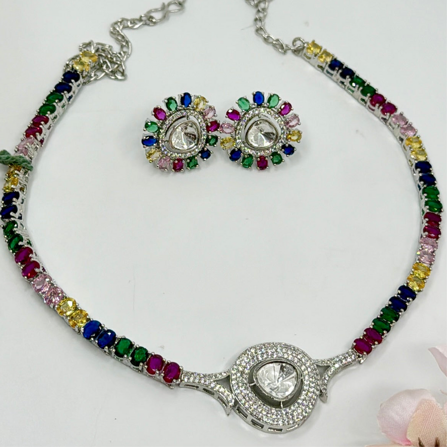 Multi Kundan & American Diamonds Dainty Necklace Set