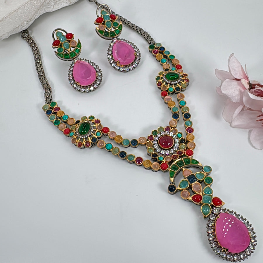 Pink Multi American Diamonds Necklace Set
