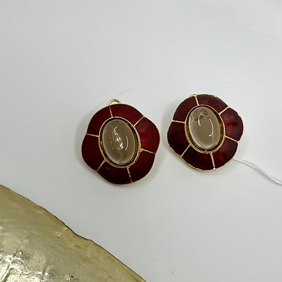 Ruby Enamel Pearl Studs Earrings